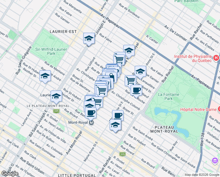map of restaurants, bars, coffee shops, grocery stores, and more near 1100 Avenue du Mont-Royal Est in Montréal