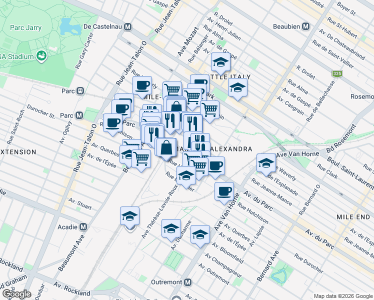 map of restaurants, bars, coffee shops, grocery stores, and more near 6651 Avenue du Parc in Montréal