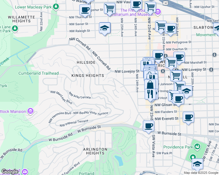 map of restaurants, bars, coffee shops, grocery stores, and more near 2590 Northwest Westover Road in Portland
