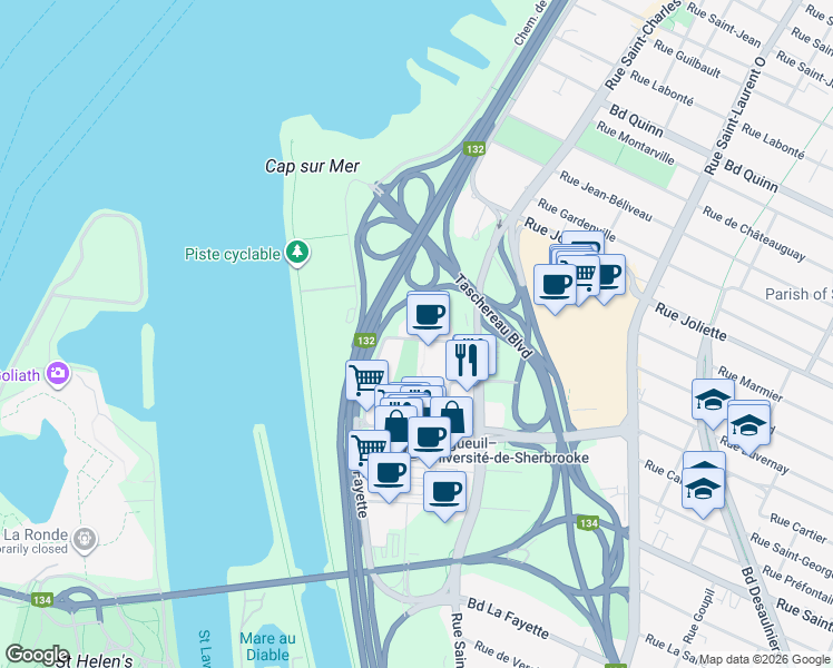 map of restaurants, bars, coffee shops, grocery stores, and more near 111 Rue de la Barre in Longueuil