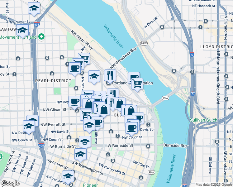 map of restaurants, bars, coffee shops, grocery stores, and more near 598 Northwest Irving Street in Portland