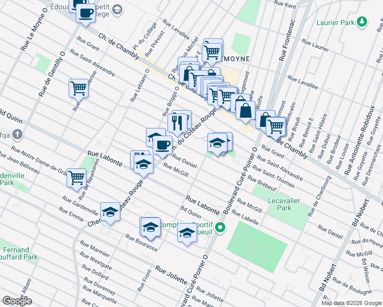 map of restaurants, bars, coffee shops, grocery stores, and more near 1598 Rue Brébeuf in Longueuil