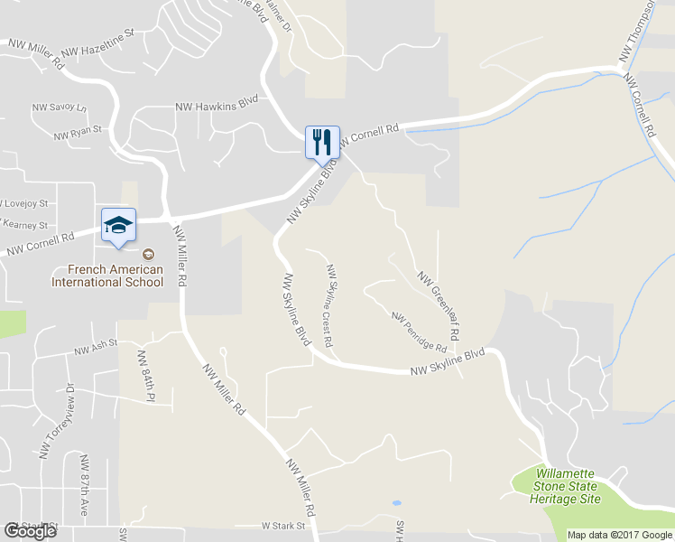 map of restaurants, bars, coffee shops, grocery stores, and more near 708 Northwest Skyline Crest Road in Portland