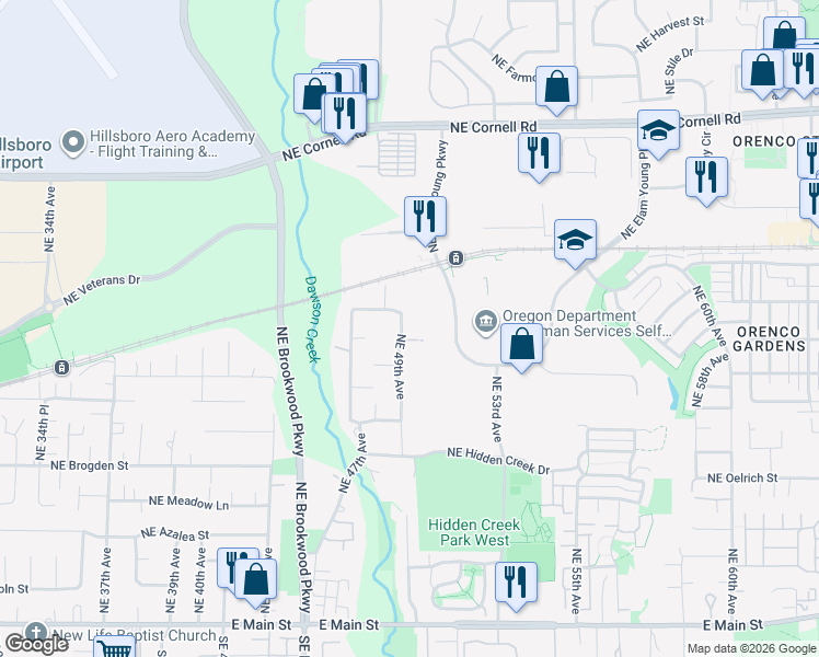 map of restaurants, bars, coffee shops, grocery stores, and more near 640 Northeast 49th Avenue in Hillsboro