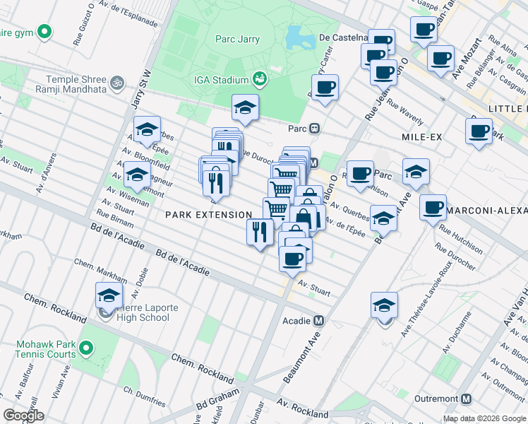 map of restaurants, bars, coffee shops, grocery stores, and more near 7448 Avenue Bloomfield in Montréal