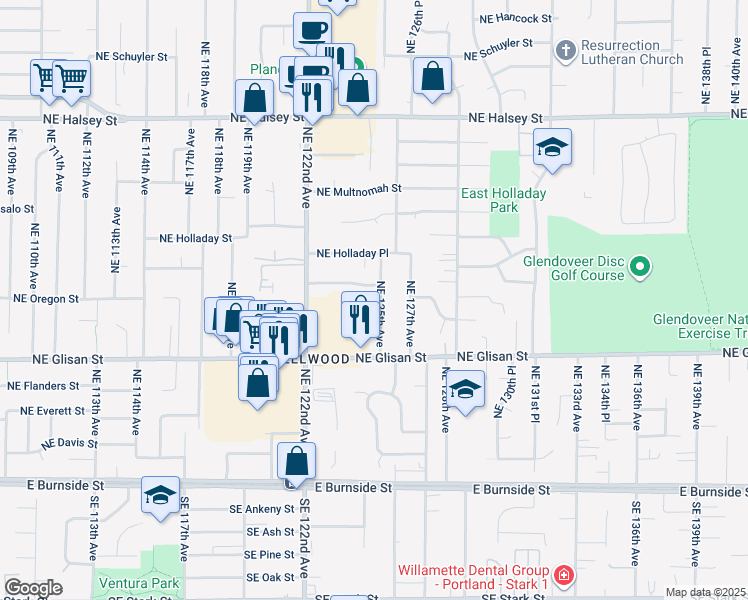 map of restaurants, bars, coffee shops, grocery stores, and more near 717 Northeast 125th Avenue in Portland