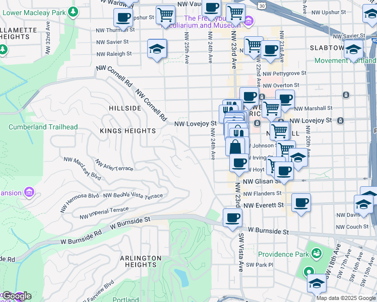 map of restaurants, bars, coffee shops, grocery stores, and more near 790 Northwest Westover Square in Portland