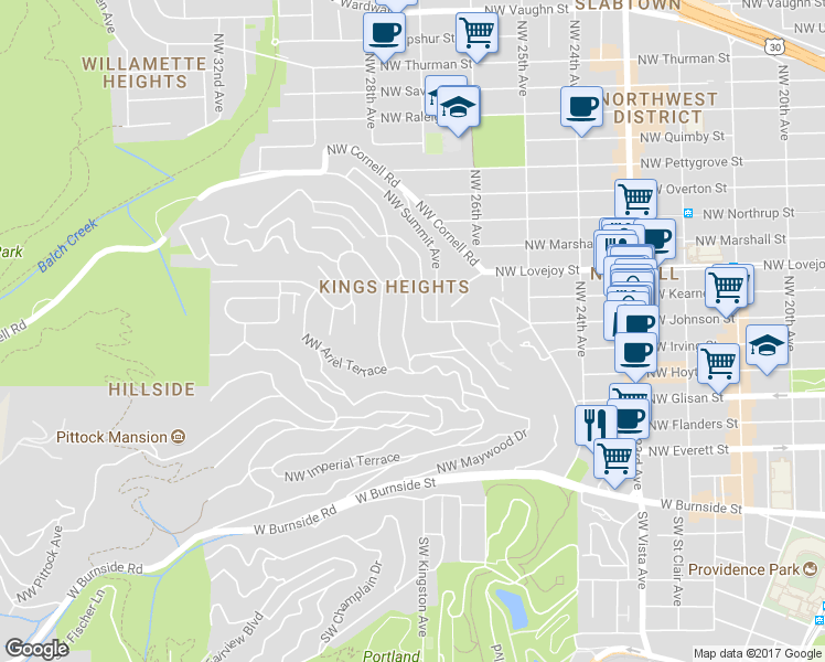 map of restaurants, bars, coffee shops, grocery stores, and more near 708 Northwest Albemarle Terrace in Portland