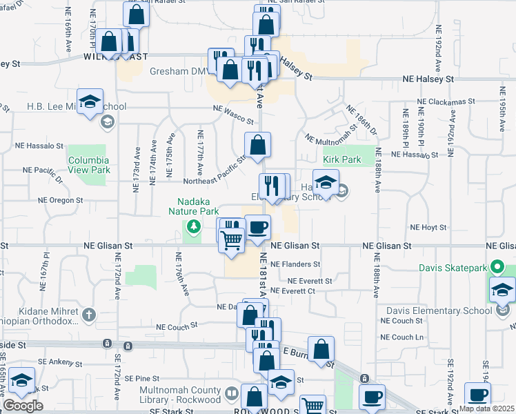 map of restaurants, bars, coffee shops, grocery stores, and more near 17968 Northeast Oregon Street in Portland