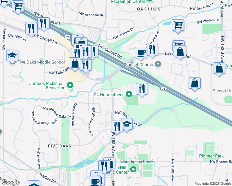 map of restaurants, bars, coffee shops, grocery stores, and more near 1220 Northwest Waterhouse Avenue in Beaverton