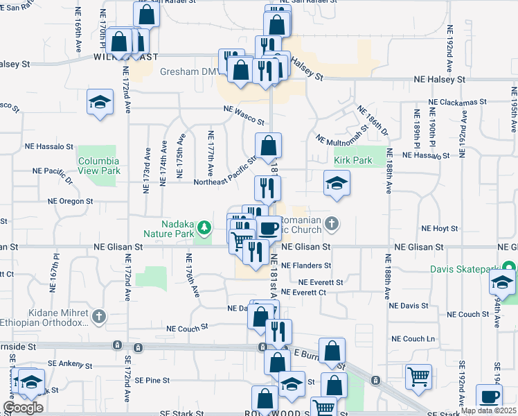 map of restaurants, bars, coffee shops, grocery stores, and more near 17954 Northeast Oregon Street in Portland