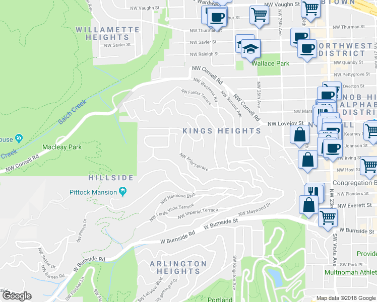 map of restaurants, bars, coffee shops, grocery stores, and more near 705 Northwest Winchester Terrace in Portland