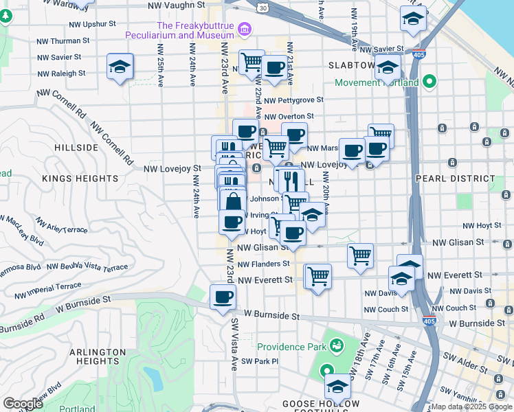 map of restaurants, bars, coffee shops, grocery stores, and more near 723 Northwest 22nd Avenue in Portland
