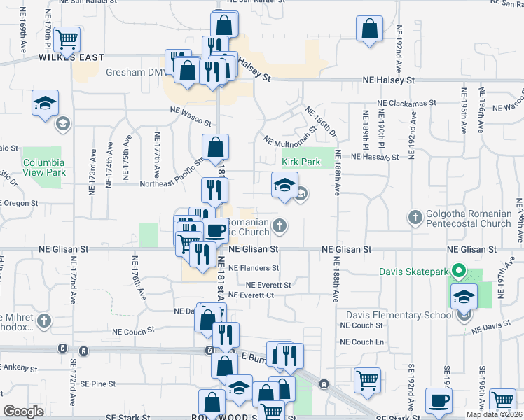 map of restaurants, bars, coffee shops, grocery stores, and more near 700-WI Northeast 183rd Avenue in Portland