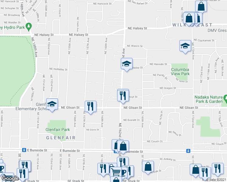 map of restaurants, bars, coffee shops, grocery stores, and more near 640 Northeast 160th Avenue in Portland