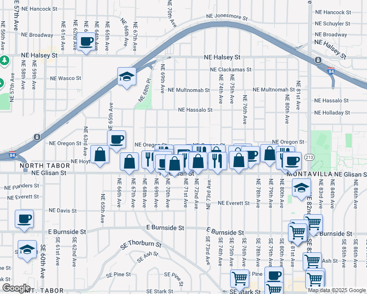 map of restaurants, bars, coffee shops, grocery stores, and more near 7043 Northeast Irving Street in Portland