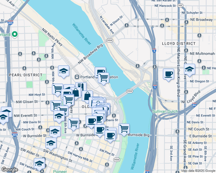 map of restaurants, bars, coffee shops, grocery stores, and more near 620 Northwest Naito Parkway in Portland