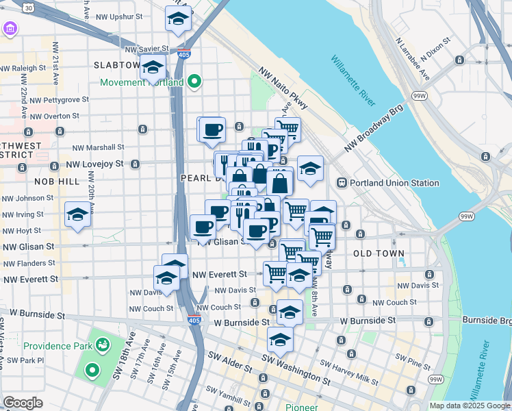 map of restaurants, bars, coffee shops, grocery stores, and more near in Portland
