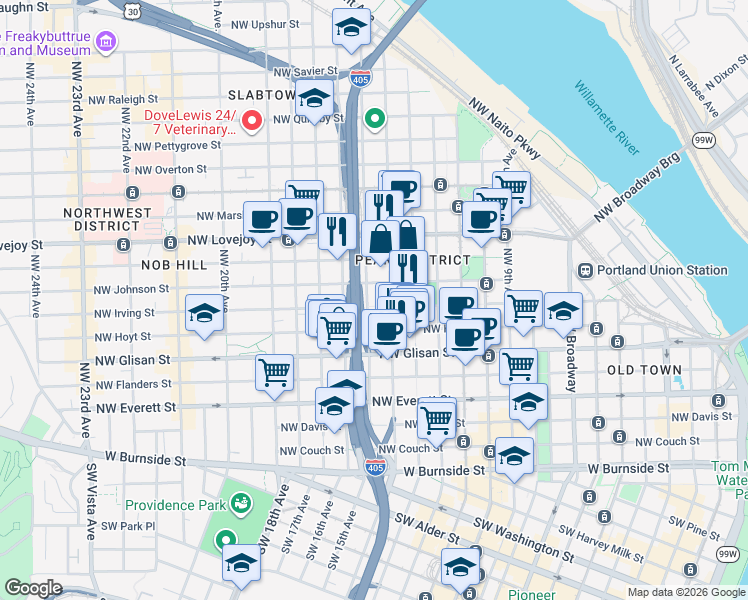 map of restaurants, bars, coffee shops, grocery stores, and more near 1030 Northwest 12th Avenue in Portland