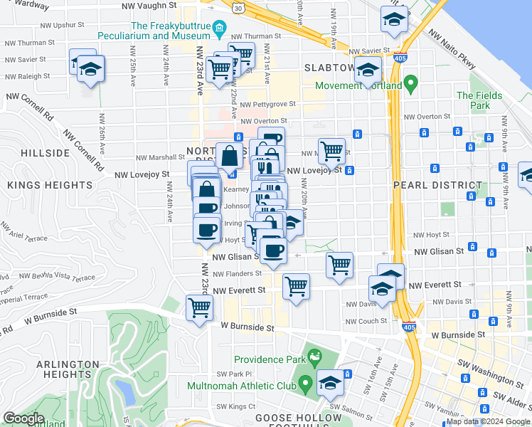 map of restaurants, bars, coffee shops, grocery stores, and more near 2147 Northwest Irving Street in Portland