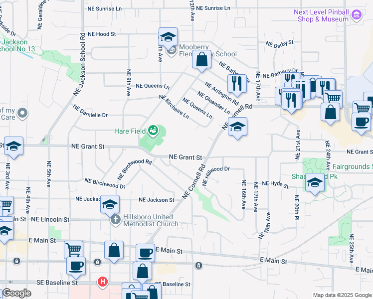 map of restaurants, bars, coffee shops, grocery stores, and more near 1215 Northeast Grant Street in Hillsboro