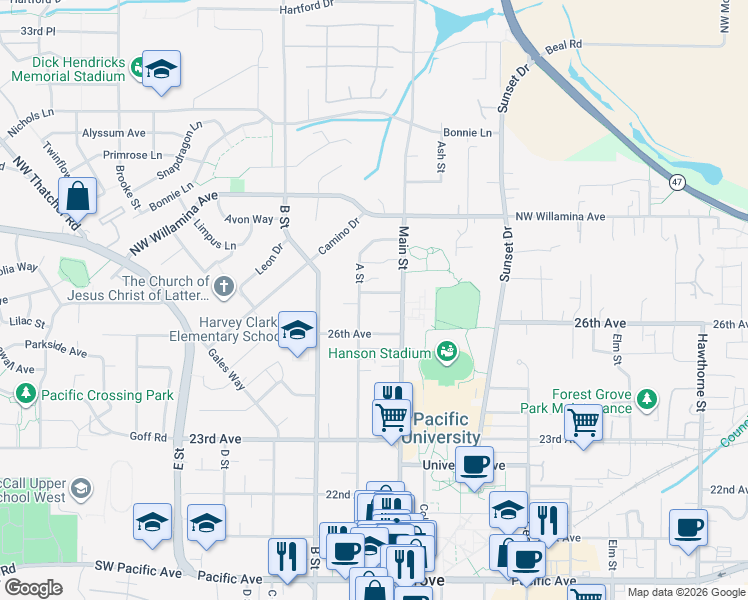 map of restaurants, bars, coffee shops, grocery stores, and more near 1968 27th Avenue in Forest Grove