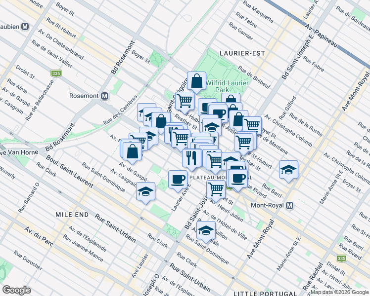 map of restaurants, bars, coffee shops, grocery stores, and more near 5226 Rue Rivard in Montréal