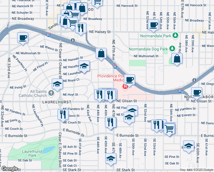 map of restaurants, bars, coffee shops, grocery stores, and more near 4507 Northeast Irving Street in Portland