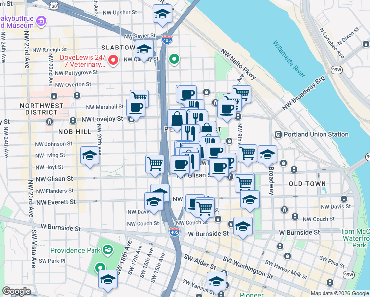 map of restaurants, bars, coffee shops, grocery stores, and more near 710 Northwest 14th Avenue in Portland