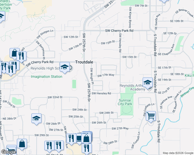 map of restaurants, bars, coffee shops, grocery stores, and more near 950 Southwest 17th Way in Troutdale