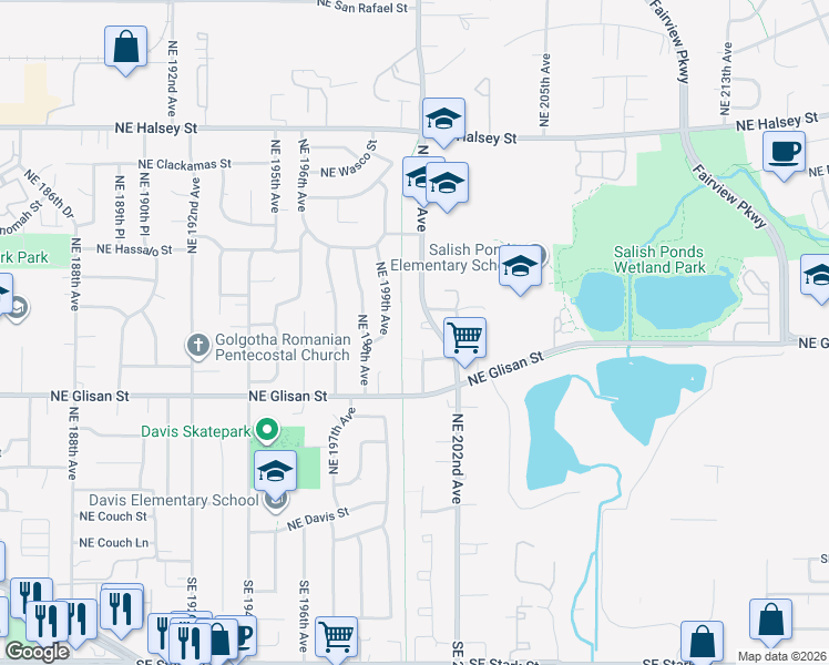 map of restaurants, bars, coffee shops, grocery stores, and more near 711 Northeast 201st Avenue in Fairview