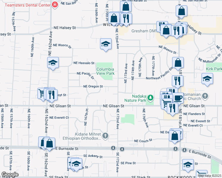 map of restaurants, bars, coffee shops, grocery stores, and more near 17104 Northeast Oregon Street in Portland