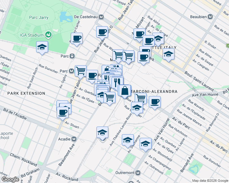 map of restaurants, bars, coffee shops, grocery stores, and more near 6800 Rue Hutchison in Montreal