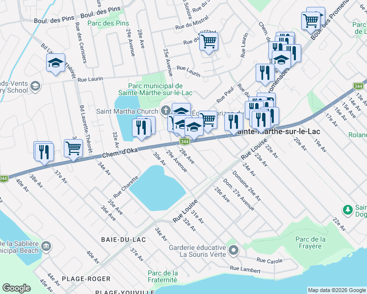map of restaurants, bars, coffee shops, grocery stores, and more near 157 Avenue 28e in Sainte-Marthe-sur-le-Lac