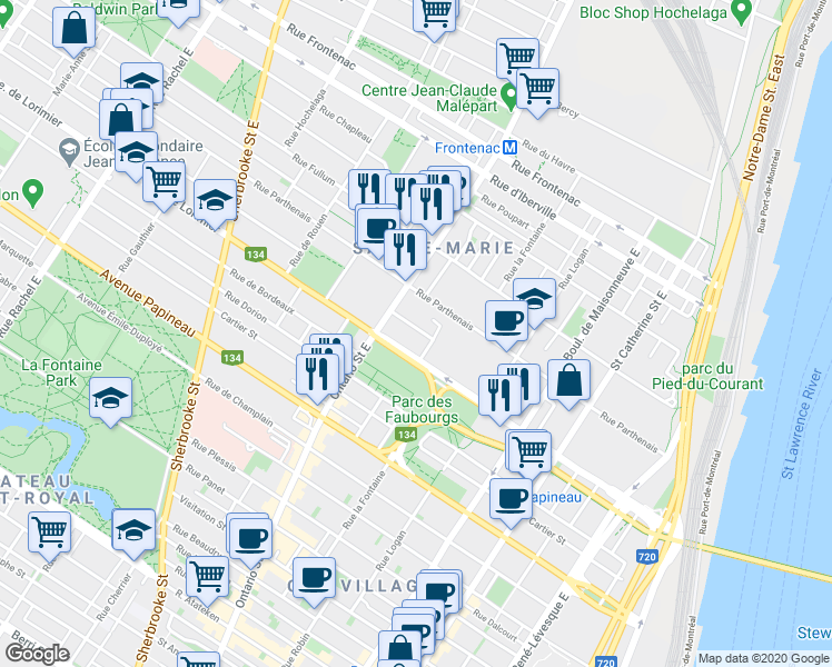 map of restaurants, bars, coffee shops, grocery stores, and more near 1910 Avenue des Érables in Montréal