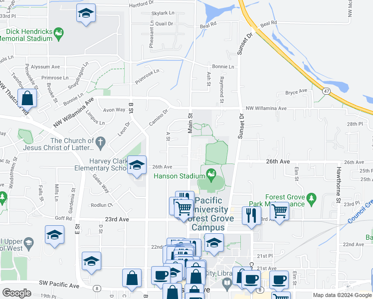 map of restaurants, bars, coffee shops, grocery stores, and more near 2262 27th Avenue in Forest Grove