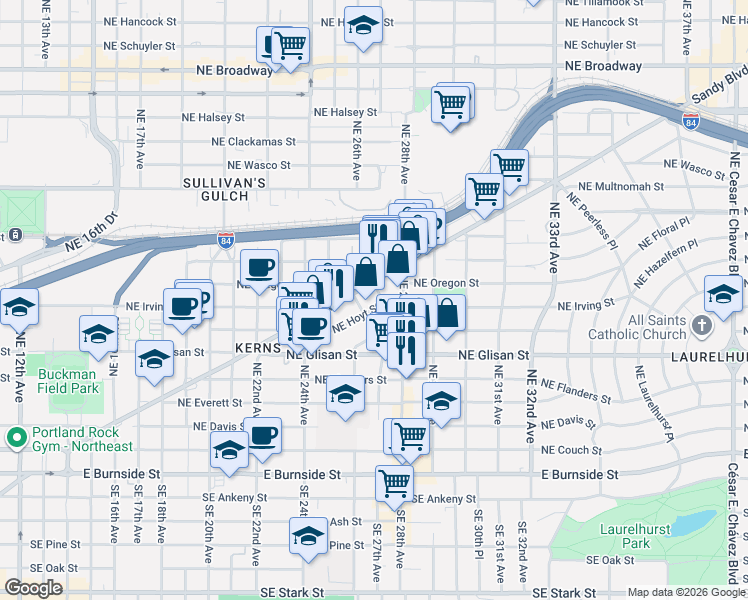 map of restaurants, bars, coffee shops, grocery stores, and more near 711 Northeast Randall Avenue in Portland