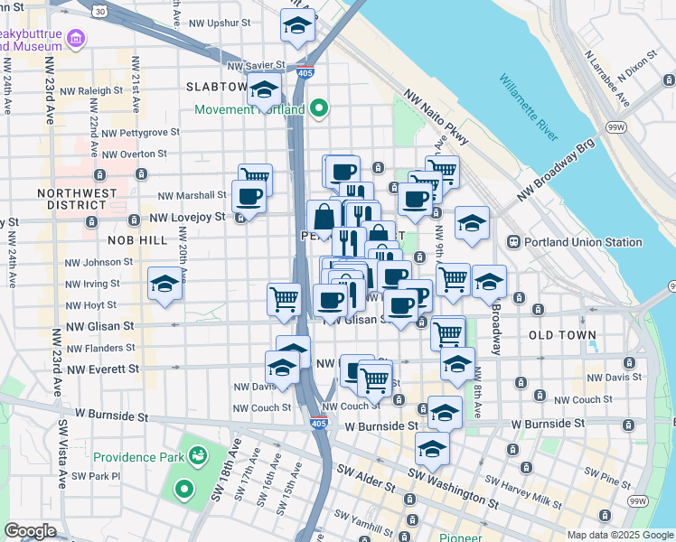 map of restaurants, bars, coffee shops, grocery stores, and more near 710 Northwest 14th Avenue in Portland