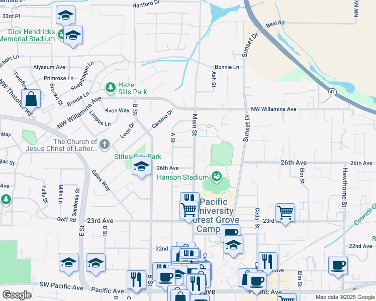 map of restaurants, bars, coffee shops, grocery stores, and more near 1962 27th Avenue in Forest Grove