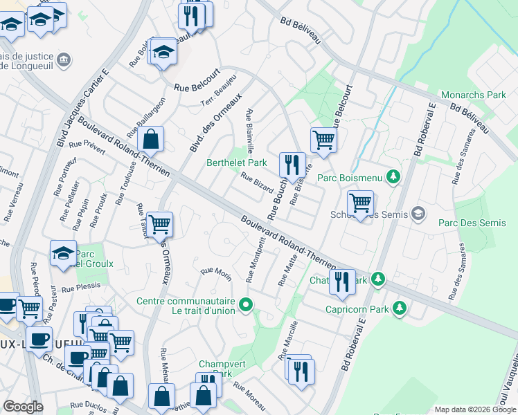 map of restaurants, bars, coffee shops, grocery stores, and more near 2974 Rue Blais in Longueuil