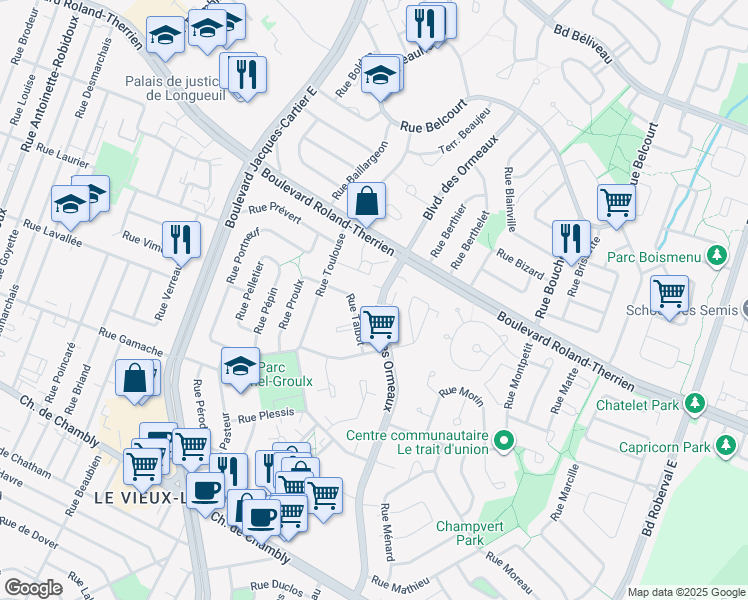 map of restaurants, bars, coffee shops, grocery stores, and more near 401 Boulevard des Ormeaux in Longueuil