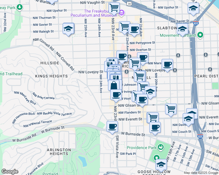 map of restaurants, bars, coffee shops, grocery stores, and more near 2365 Northwest Irving Street in Portland