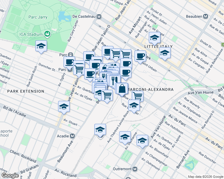 map of restaurants, bars, coffee shops, grocery stores, and more near in Montreal