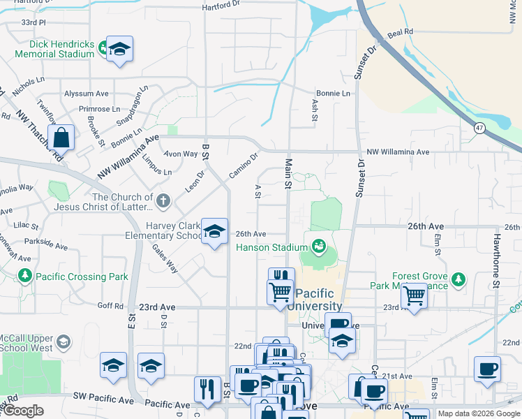 map of restaurants, bars, coffee shops, grocery stores, and more near 1902 27th Avenue in Forest Grove