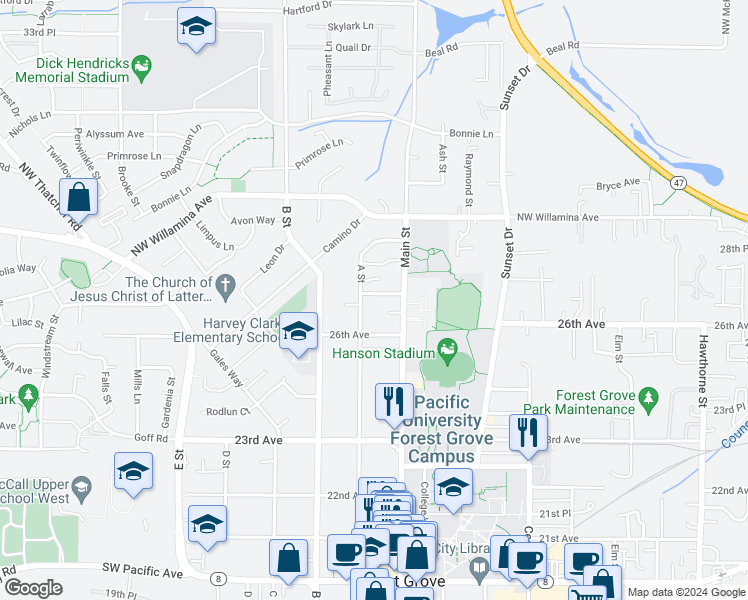 map of restaurants, bars, coffee shops, grocery stores, and more near 1920 27th Avenue in Forest Grove