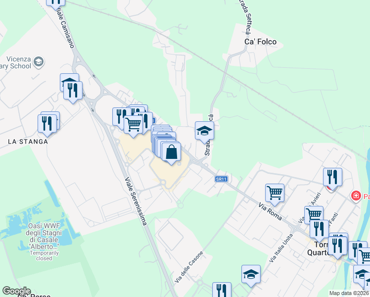 map of restaurants, bars, coffee shops, grocery stores, and more near 185 SS11 in Vicenza