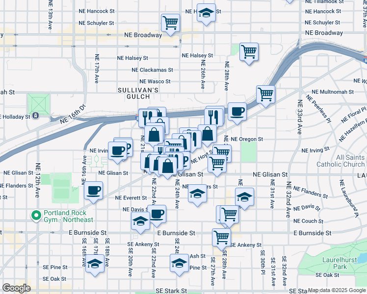 map of restaurants, bars, coffee shops, grocery stores, and more near 2421 Northeast Irving Street in Portland