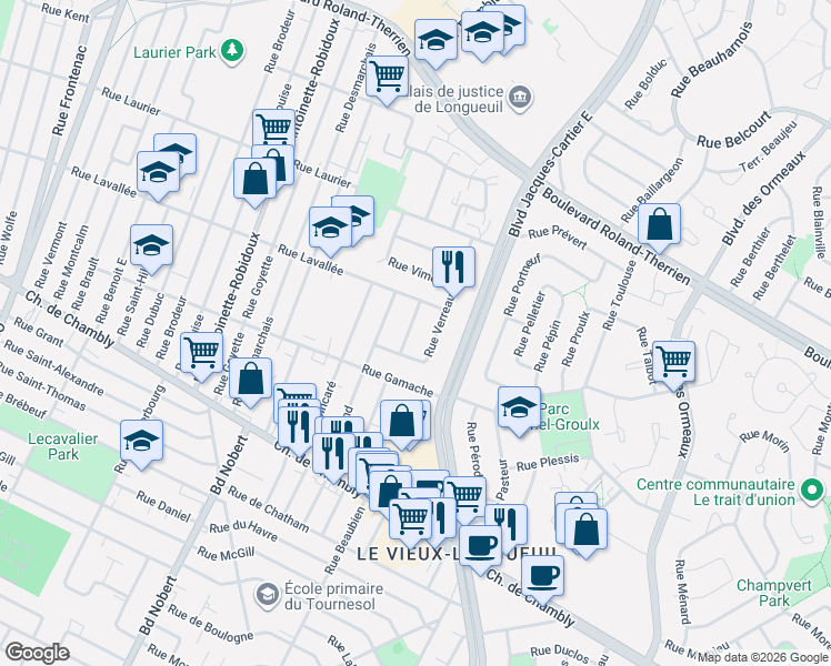 map of restaurants, bars, coffee shops, grocery stores, and more near in Longueuil