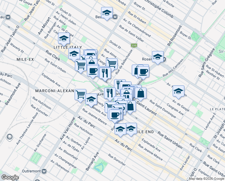 map of restaurants, bars, coffee shops, grocery stores, and more near 1 Boulevard Rosemont in Montréal