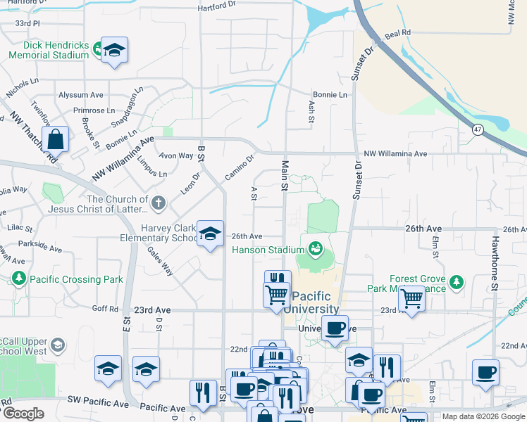 map of restaurants, bars, coffee shops, grocery stores, and more near 1968 27th Avenue in Forest Grove
